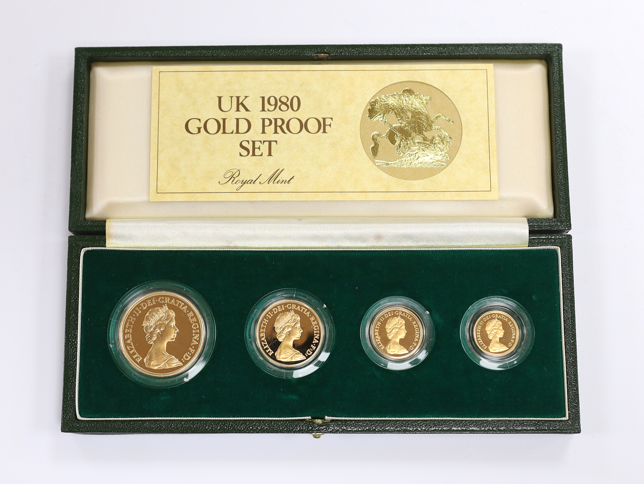 British gold coins - A Royal Mint UK QEII Gold Proof Set, 1980, comprising £5, £2, sovereign and half sovereign, in case of issue with papers